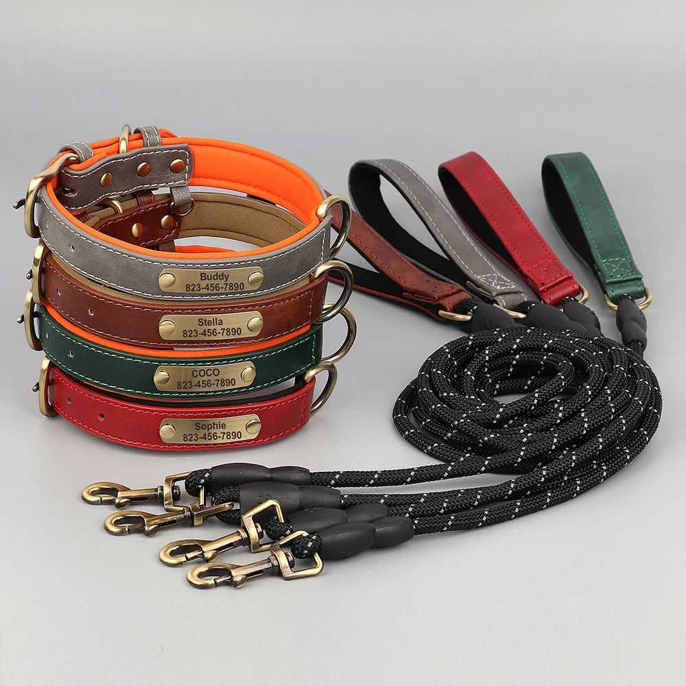 Pack Collier Personnalisé et Laisse Chien - Cuir Rembourré-Pile Poils